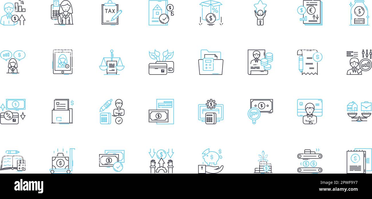 Budget analysis linear icons set. Allocation, Forecasting, Planning, Expenses, Savings, Cost, Revenue line vector and concept signs. Budgeting Stock Vector