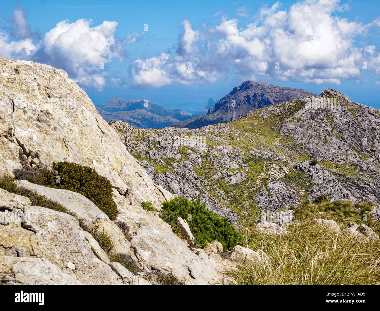 View from the Coll des Prat on the GR221 Drystone Route through the Tramuntana Mountains looking towards the Formentor peninsula Stock Photo