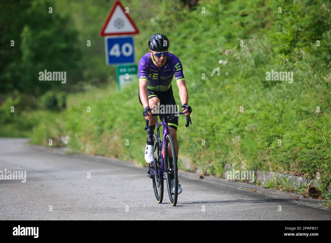 La Florida Spain, 30th April, 2023: Bolton Equities Black Spoke rider Paul Wright escaped during the 3rd stage of Vuelta a Asturias 2023 between Cangas del Narcea and Oviedo, on April 30, 2023, in La Florida , Spain. Credit: Alberto Brevers / Alamy Live News Stock Photo