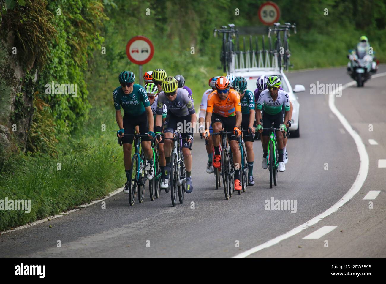 La Rodriga, Spain, 30th April, 2023: The breakaway led by Jon Agirre (Kern Pharma Team, L) and Carl Fredrik Hagen (Q36.5 Pro Cycling Team, R) during the 3rd stage of the Vuelta a Asturias 2023 between Cangas del Narcea and Oviedo, on April 30, 2023, in La Rodriga, Spain. Credit: Alberto Brevers / Alamy Live News Stock Photo