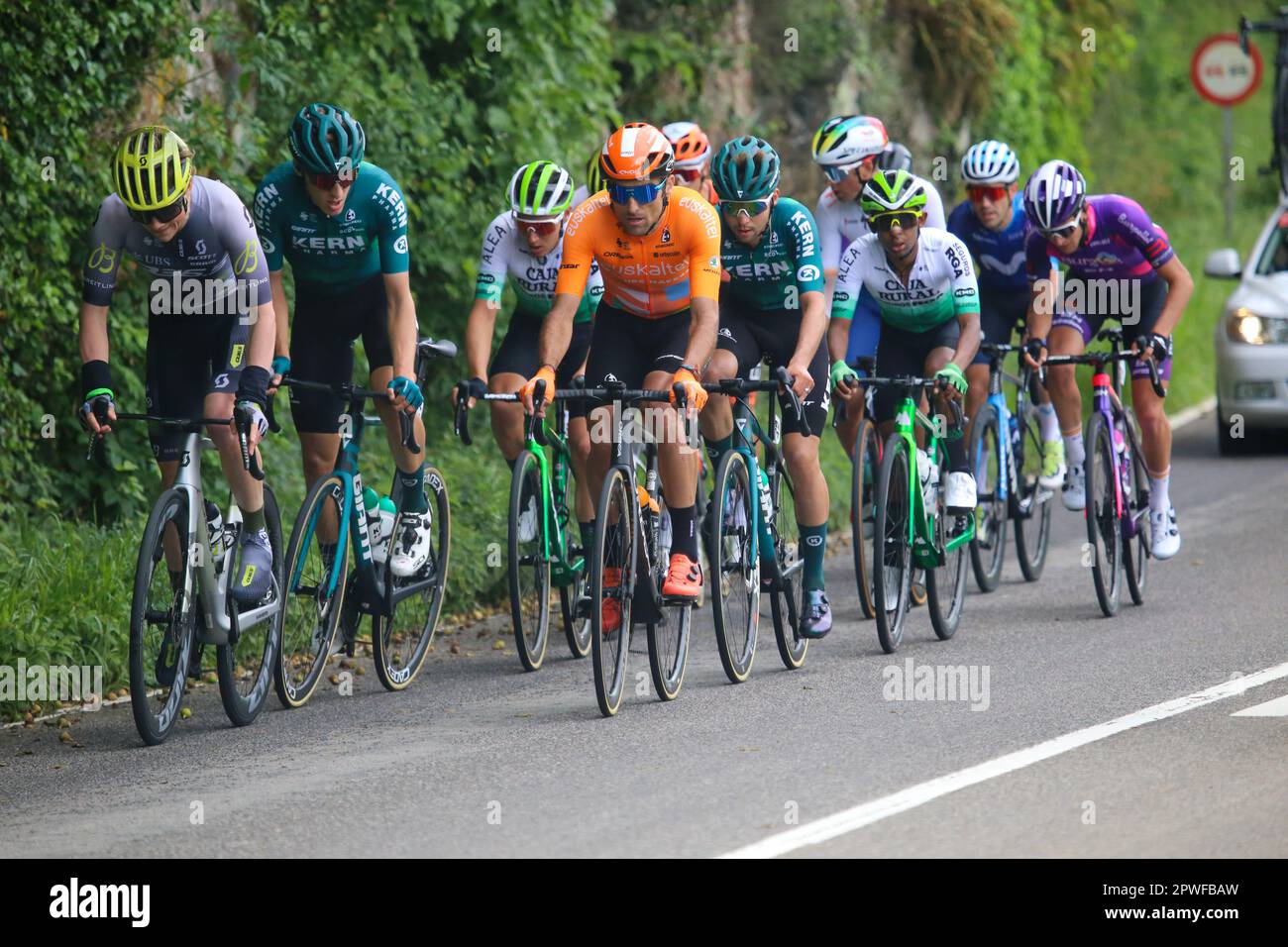 La Rodriga, Spain, 30th April, 2023: The escape led by Carl Fredrik Hagen (Q36.5 Pro Cycling Team, L) and Luis Angel Mate (Euskaltel - Euskadi, R) during the 3rd stage of the Vuelta a Asturias 2023 between Cangas del Narcea and Oviedo, on April 30, 2023, in La Rodriga, Spain. Credit: Alberto Brevers / Alamy Live News Stock Photo