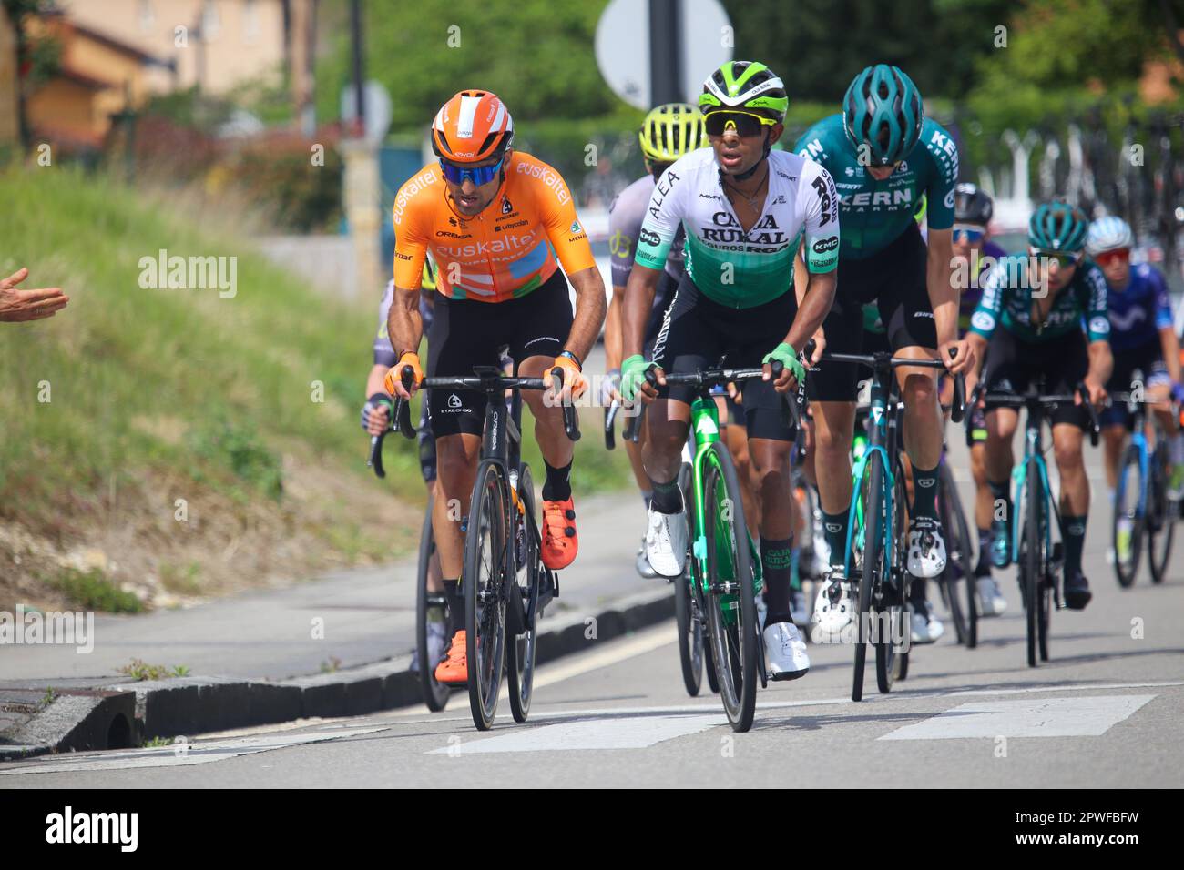 Oviedo, Spain, 30th April, 2023: The escape led by Luis Angel Mate (Euskaltel - Euskadi, L) and Mulu Kinfe Hailemichael (Caja Rural - Seguros RGA, R) during the 3rd stage of the Vuelta a Asturias 2023 between Cangas del Narcea and Oviedo, on April 30, 2023, in Oviedo, Spain. Credit: Alberto Brevers / Alamy Live News Stock Photo