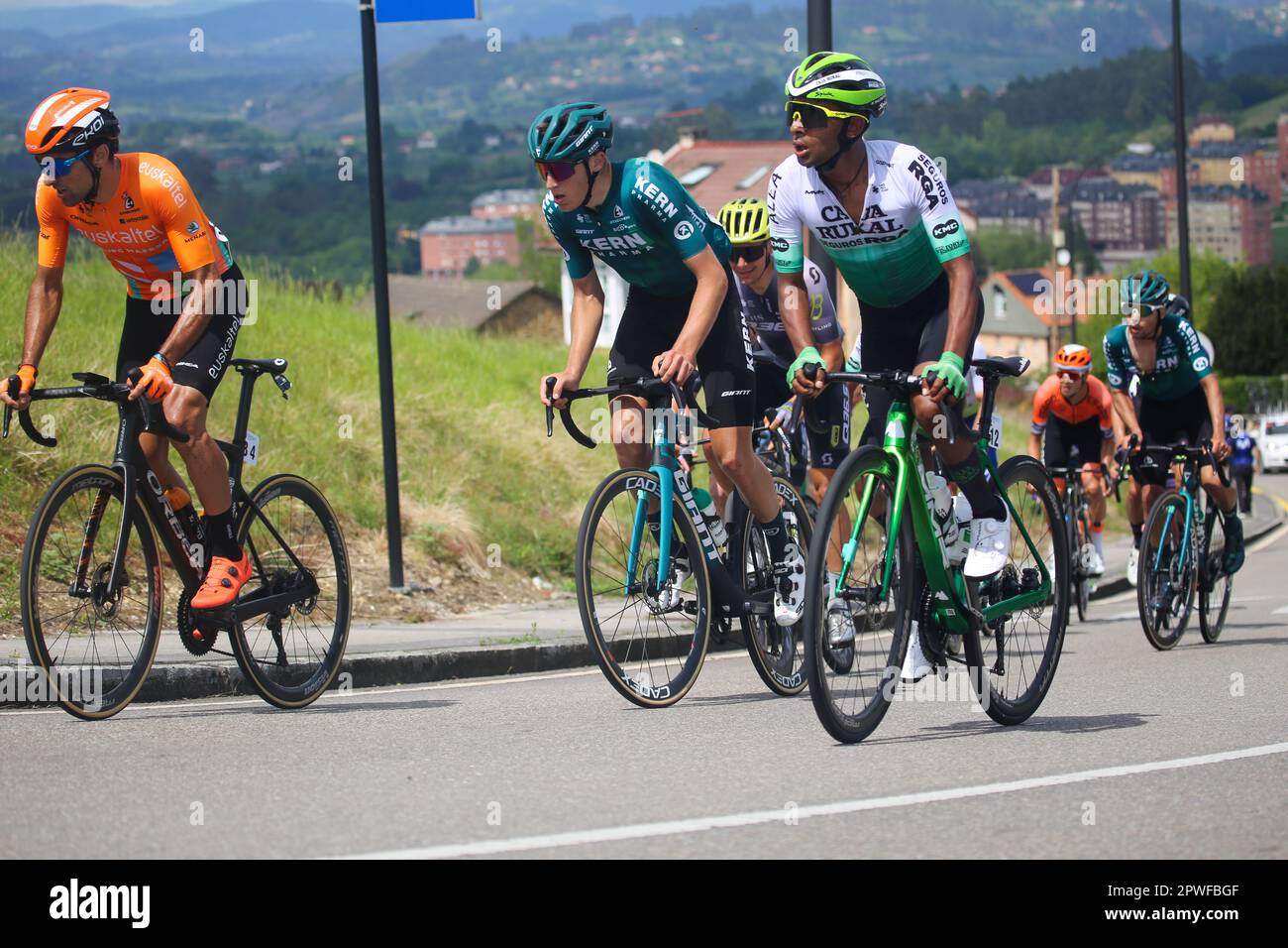 Oviedo, Spain, 30th April, 2023: The escape led by Luis Angel Mate (Euskaltel - Euskadi, L), Jon Agirre (Kern Pharma Team) and Mulu Kinfe Hailemichael (Caja Rural - Seguros RGA, R) during the 3rd stage of the Vuelta a Asturias 2023 between Cangas del Narcea and Oviedo, on April 30, 2023, in Oviedo, Spain. Credit: Alberto Brevers / Alamy Live News Stock Photo
