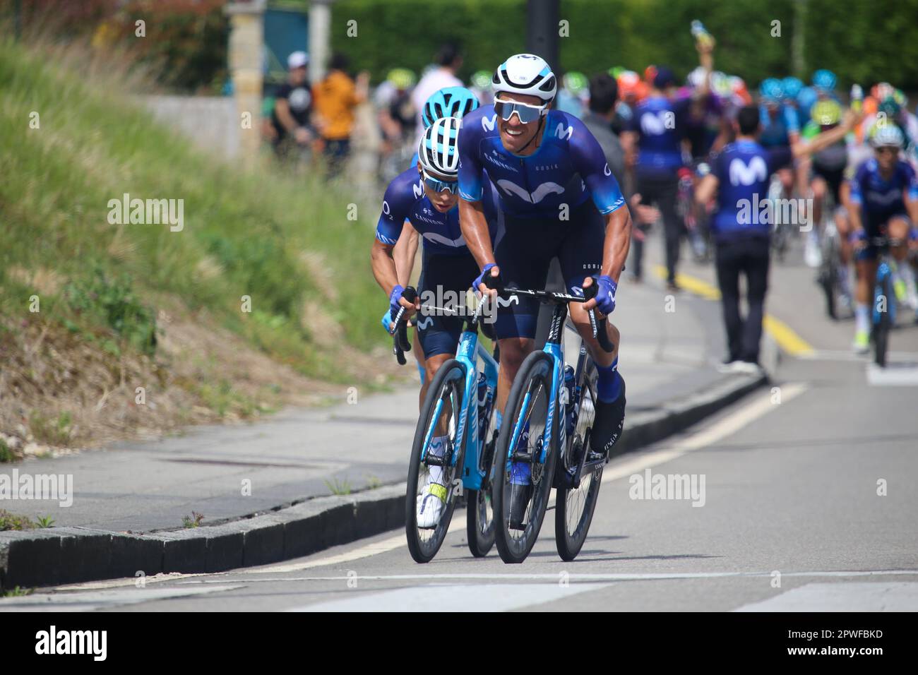 Oviedo, Spain, 30th April, 2023: Movistar Team rider Alberto Torres (R) followed by Einer Augusto Rubio (Movistar Team, L) leading a group during the 3rd stage of the Vuelta a Asturias 2023 between Cangas del Narcea and Oviedo , on April 30, 2023, in Oviedo, Spain. Credit: Alberto Brevers / Alamy Live News Stock Photo