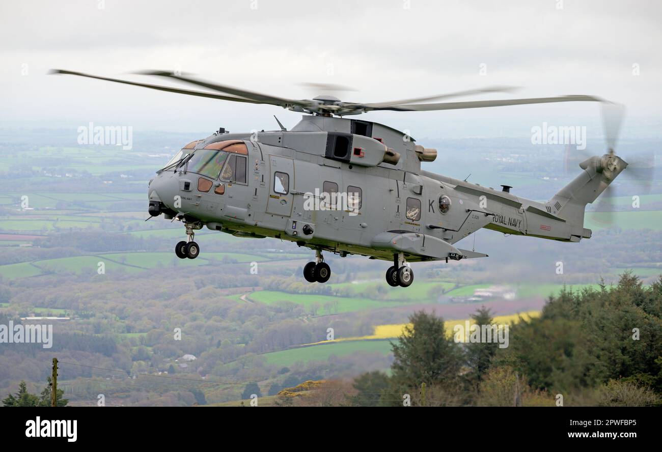 Two Royal Navy Merlin aircraft from 845 Squadron Command Helicopter Force (CHF)  based at RNAS Yeovilton,  deploy to Oakhampton Camp for the duration Stock Photo