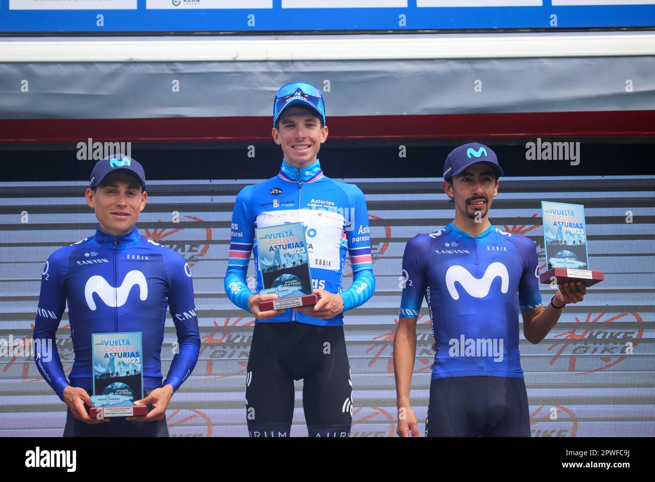 Oviedo, Spain, 30th April, 2023: The final podium with Lorenzo Fortunato (EOLO-Kometa), Einer Augusto Rubio (Movistar Team, L) and Ivan Ramiro Sosa (Movistar Team, R) during the 3rd stage of the Vuelta a Asturias 2023 between Cangas del Narcea and Oviedo, on April 30, 2023, in Oviedo, Spain. Credit: Alberto Brevers / Alamy Live News Stock Photo