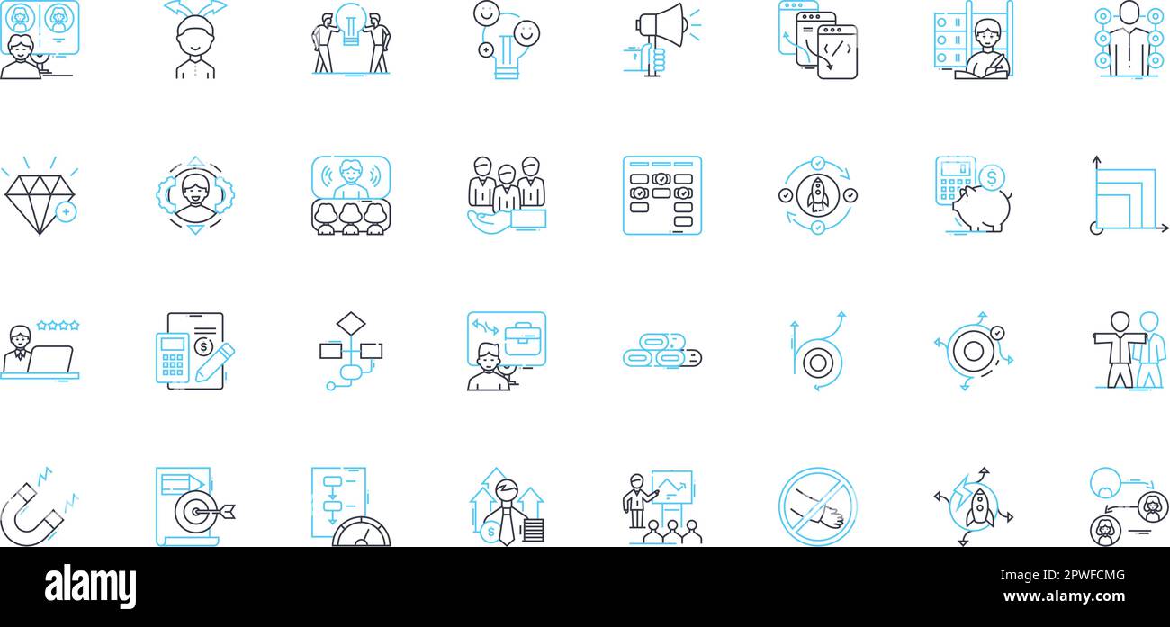 Business merger linear icons set. Consolidation, Merger, Acquisition, Takeover, Integration, Synergy, Efficiency line vector and concept signs Stock Vector
