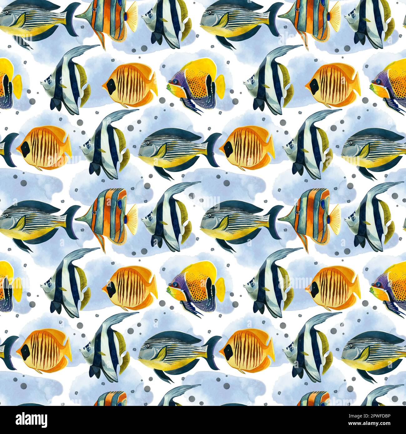 Seamless pattern. Tropical fishes of bright colors, pink stars, corals and blue spots, hand-drawn in watercolor on a white background. Stock Photo