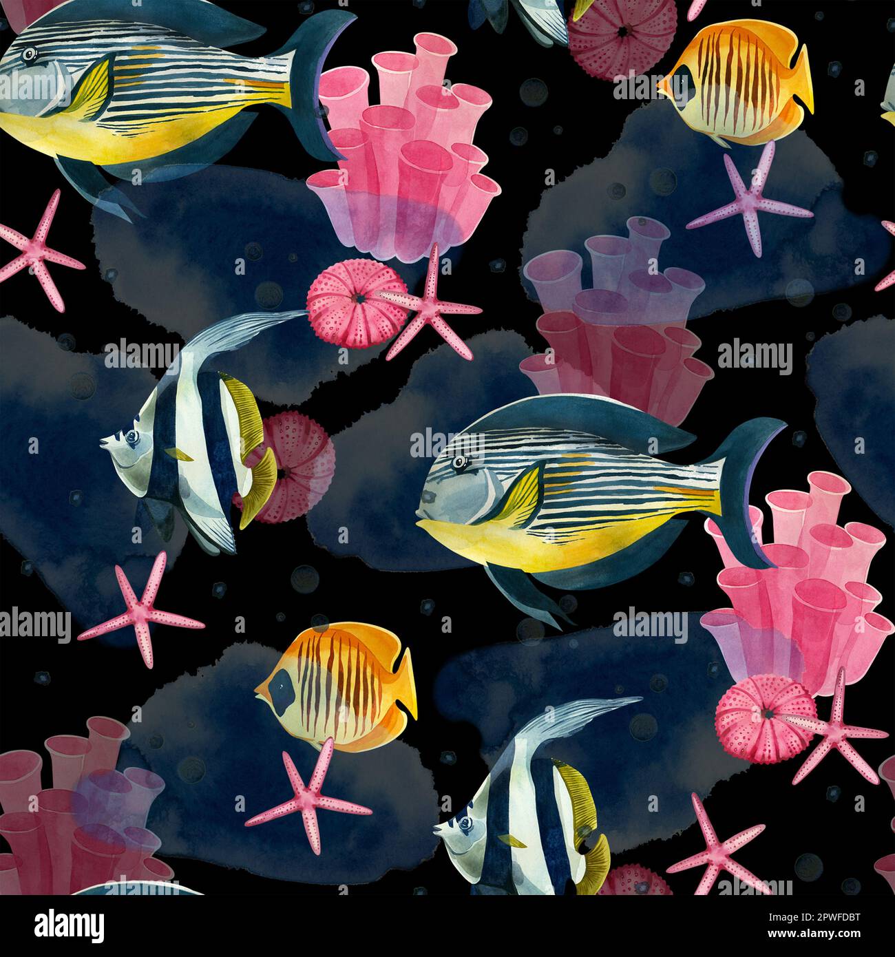 Seamless pattern. Tropical fishes of bright colors, pink stars, corals and blue spots, hand-drawn in watercolor on a dark background. Stock Photo