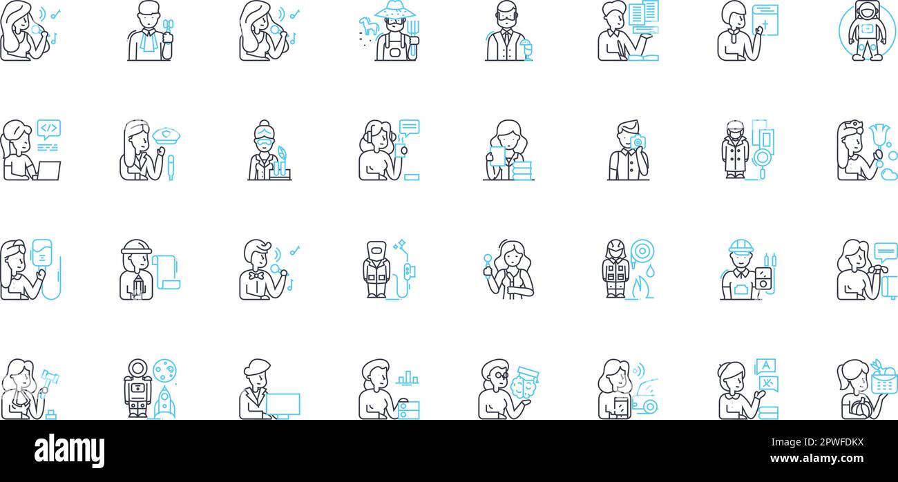 Career options linear icons set. Opportunities, Professions, Occupations, Vocations, Trades, Jobs, Employment line vector and concept signs. Fields Stock Vector