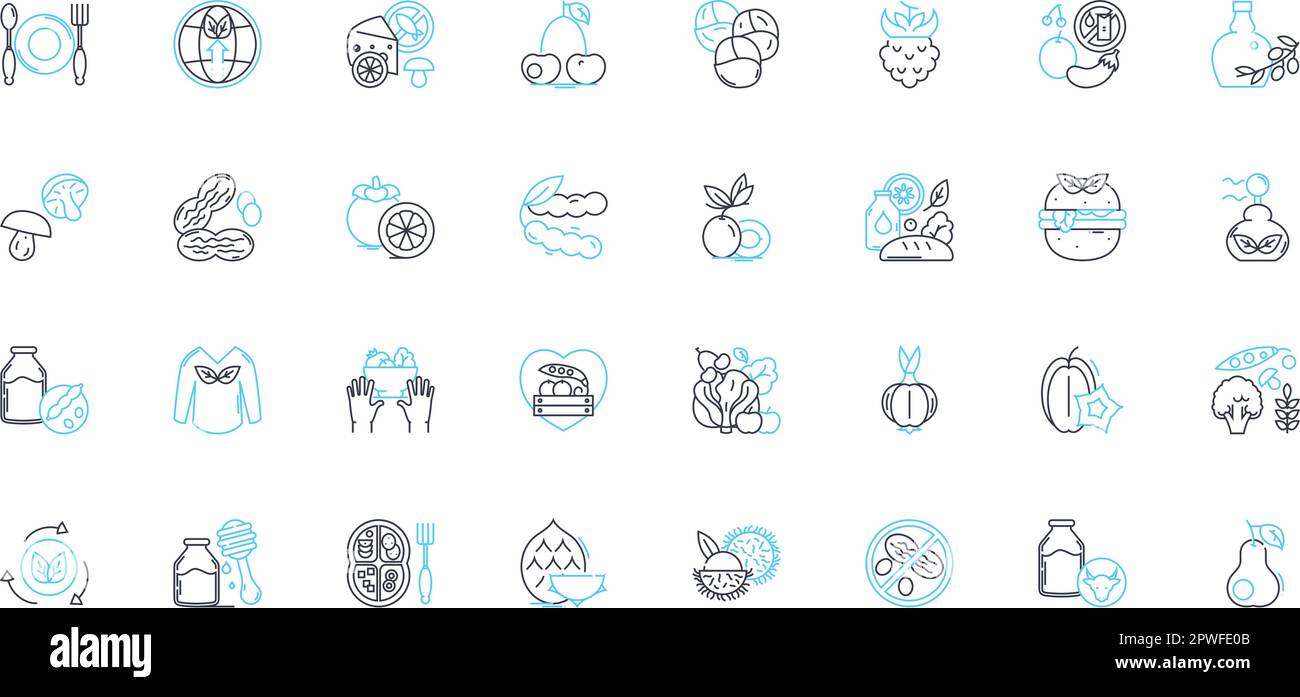 Organic produce linear icons set. Fresh, Nutritious, Sustainable, Chemical-free, Healthy, Locally-sourced, Authentic line vector and concept signs Stock Vector