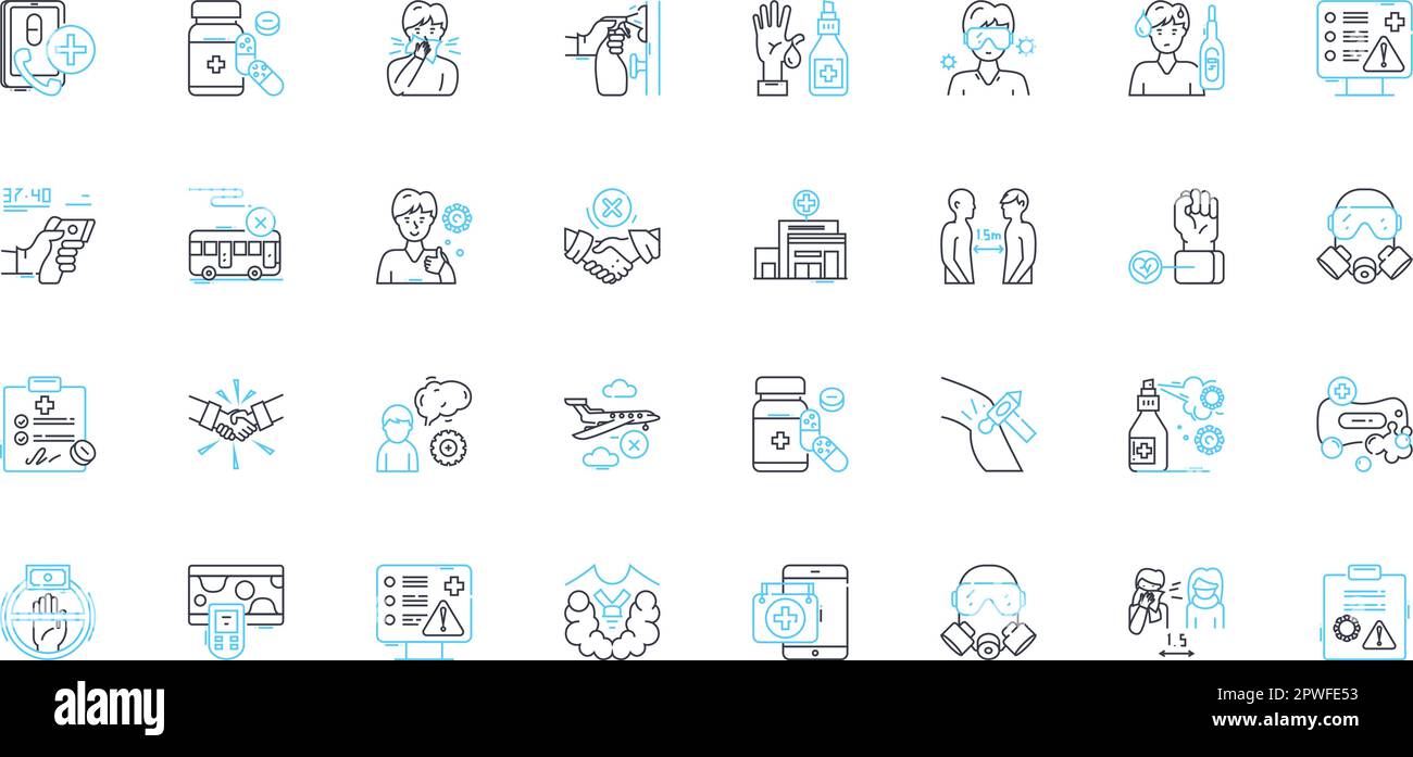 COVID- linear icons set. Pandemic, Virus, Social-distancing, Quarantine, Lockdown, PPE, Vaccination line vector and concept signs. Mask,Outbreak Stock Vector