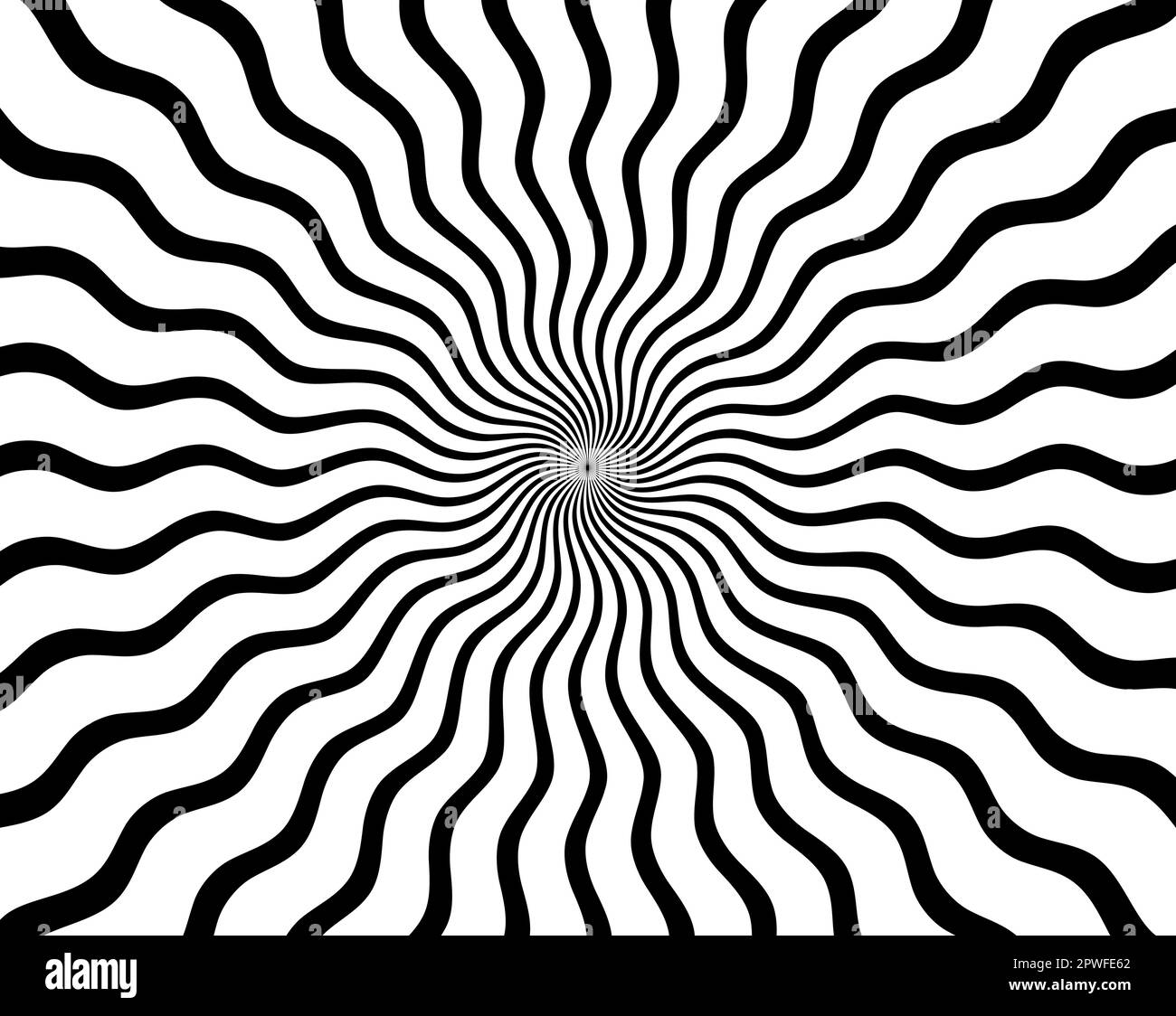 Black and white hypnotic spiral wave rays background. Psychedelic sunburst retro design.. Stock Vector