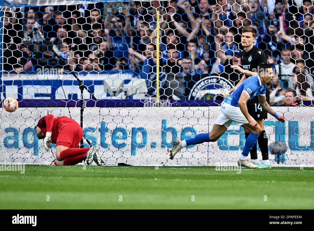 Genk, Belgium. 30th Apr, 2023. Genk's Daniel Munoz Mejia celebrates after  scoring during a soccer match between KRC Genk and Club Brugge, Sunday 30  April 2023 in Genk, on day 1 of