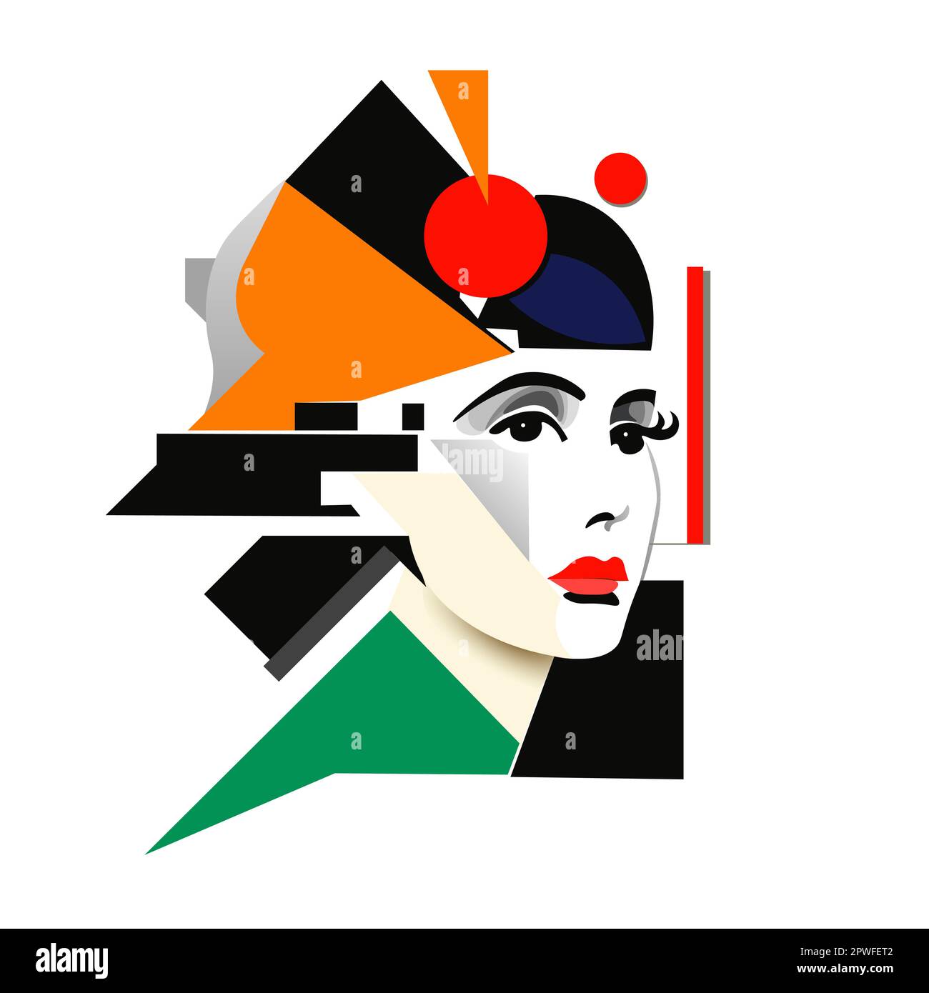 Woman face constructivism style cubism. Different geometric shapes brush stroke painting illustration Stock Vector