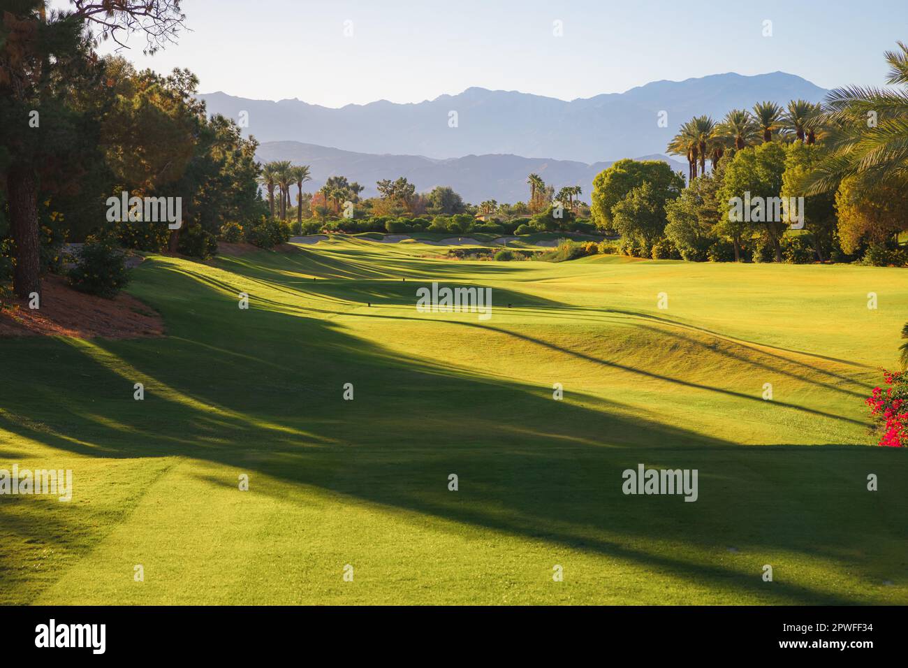 Beautiful golden light over Indian Wells Golf Resort, a desert golf course in Palm Springs, California, USA with view of the San Bernardino Mountains. Stock Photo