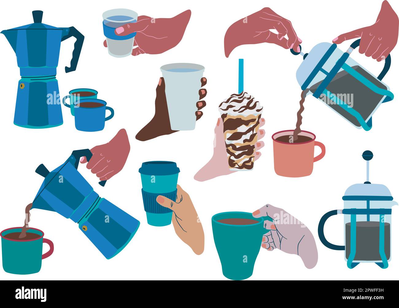 Set of vector illustrations, hands of different skin tones, coffee world illustrations. Hand with glass, hand with cup, hand with coffee to go Stock Vector