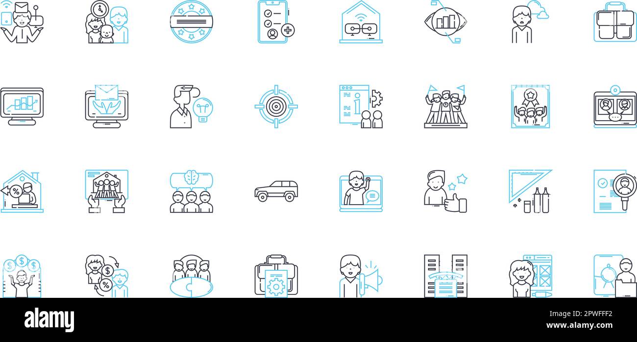 Dead-end careers linear icons set. Stagnancy, Unfulfilling, Limited, Mundane, Frustration, Regret, Stuck line vector and concept signs. Failure Stock Vector