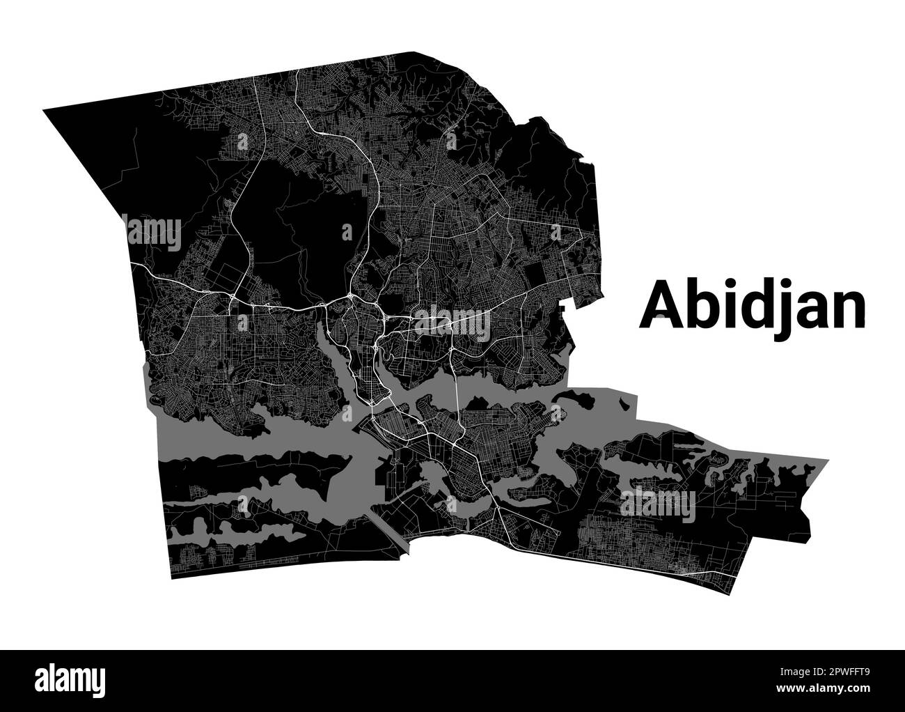Abidjan, Cote d'Ivoire map. Detailed black map of Abidjan city administrative area. Cityscape poster metropolitan aria view. Black land with white roa Stock Vector