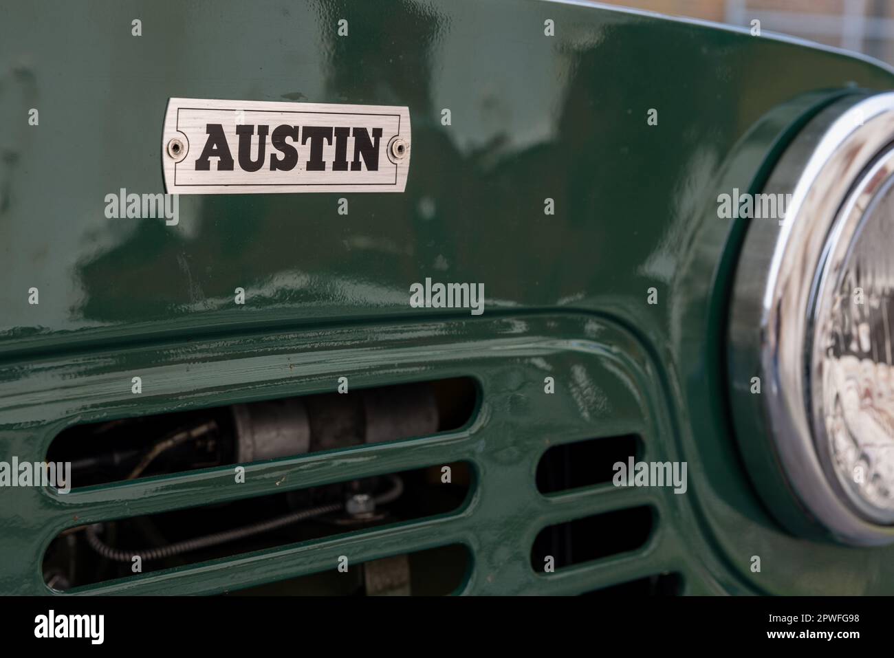 1966 Austin Mini Moke ‘PUA 624D’ on display at the Vintage Velos Scramble held at the Bicester Heritage Centre on the 30th April 2023. Stock Photo