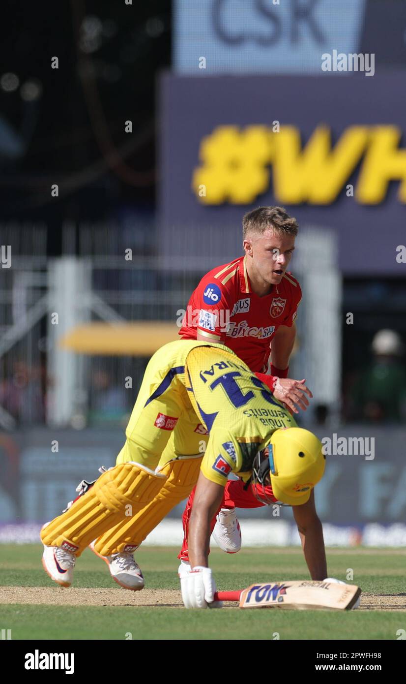 Chennai, India. 30th Apr, 2023. TATA IPL (Indian Premier League 2023) : Match No : 41 (74) Chennai Super Kings Vs Punjab Kings in MAC stadium, Tamil Nadu, Chennai, India. CSK were 200 for 4 in 20 overs. Punjab Kings won by 4 wickets on the last ball. Sam Curran of PBKS and Rituraj of CSK in action. Credit: Seshadri SUKUMAR/Alamy Live News Stock Photo