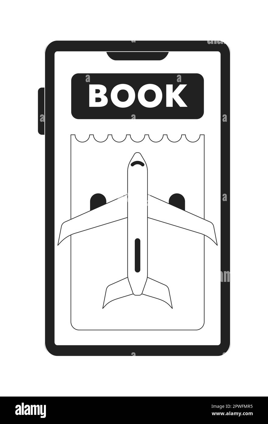 Booking plane ticket online on mobile phone monochrome concept vector