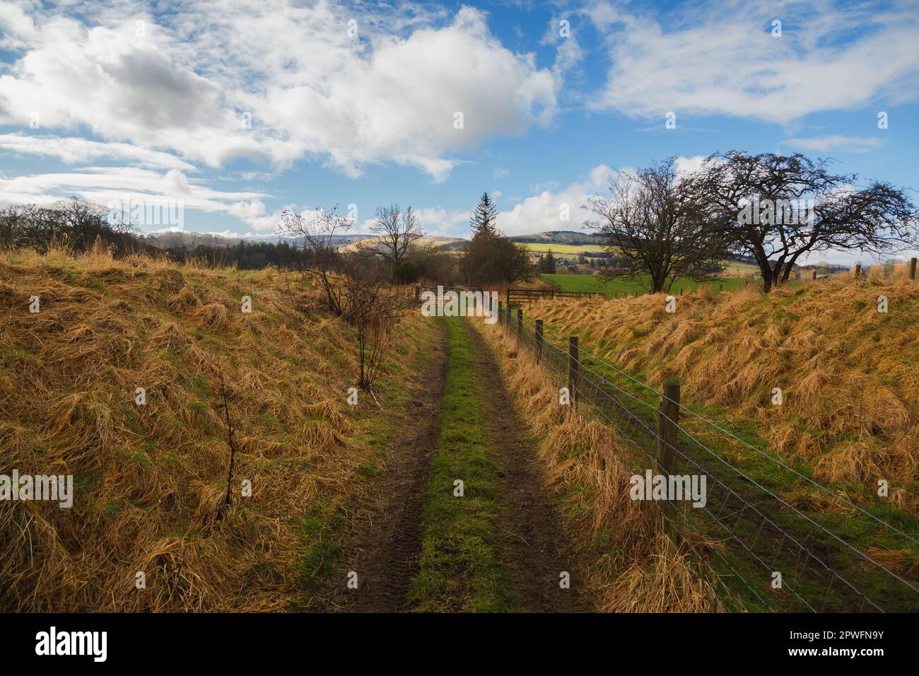An old, empty, dirt country road in the rural, pastoral countryside of