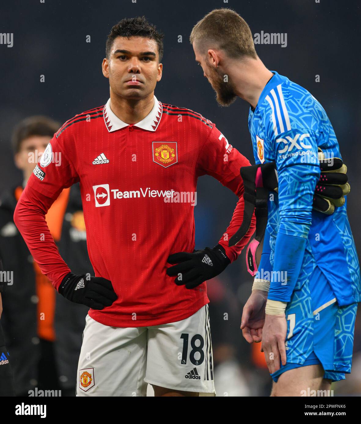 London, UK. 27th Apr, 2023. 27 Apr 2023 - Tottenham Hotspur v Manchester United - Premier League - Tottenham Hotspur Stadium Manchester United's Casimero and David De Gea during the Premier League match against Tottenham. Picture Credit: Mark Pain/Alamy Live News Stock Photo