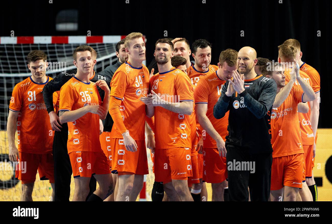 ALMERE The Dutch handball men celebrate their victory during the