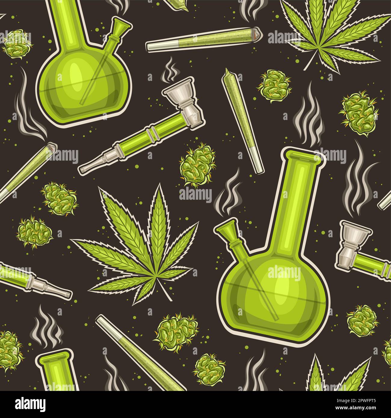 Vector Cannabis Seamless Pattern, repeating background with illustrations of set flat lay medicinal cannabis buds, marijuana leaf, weed paper roll, gl Stock Vector