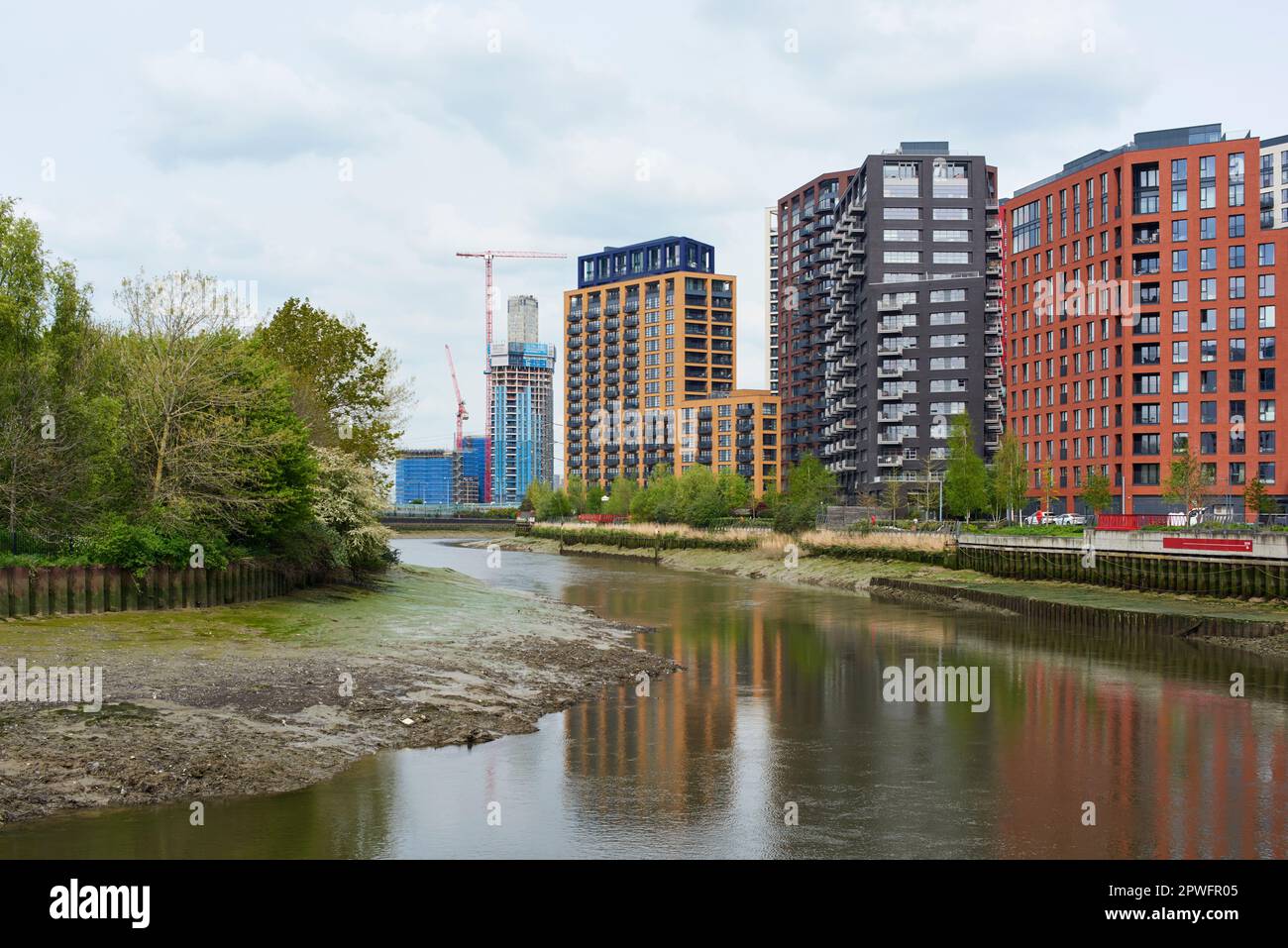 The new London City Island apartment complex and Bow Creek Ecology Park on the River Lea, East