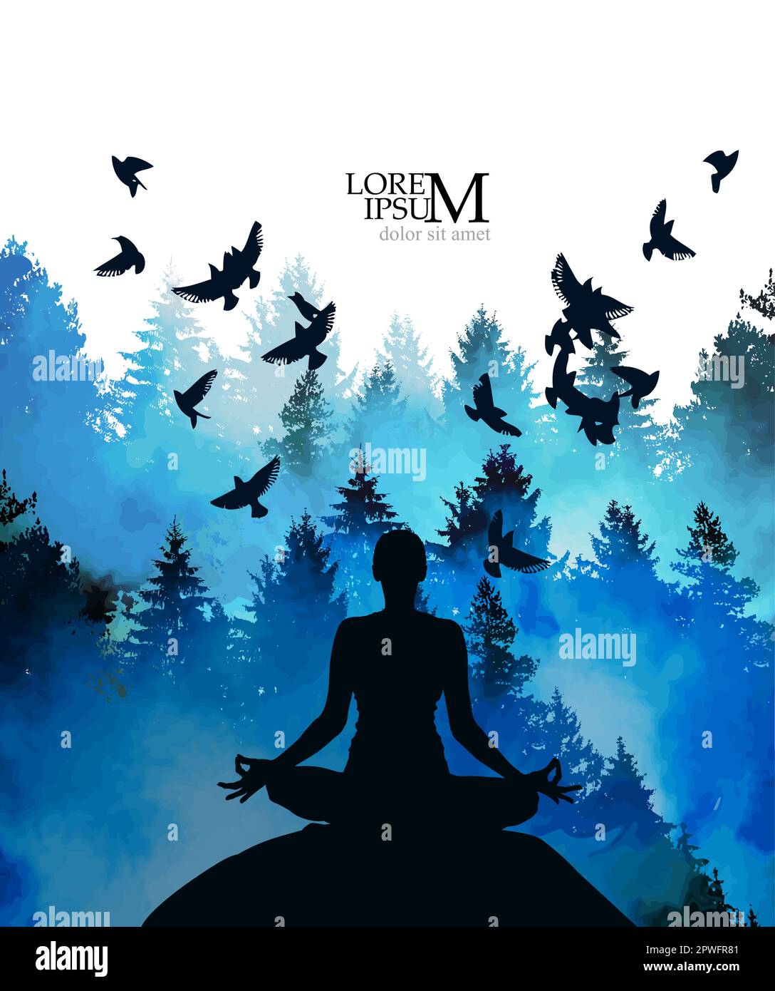 A Girl In A Lotus Pose In The Forest. Mixed Media. Yoga Vector 