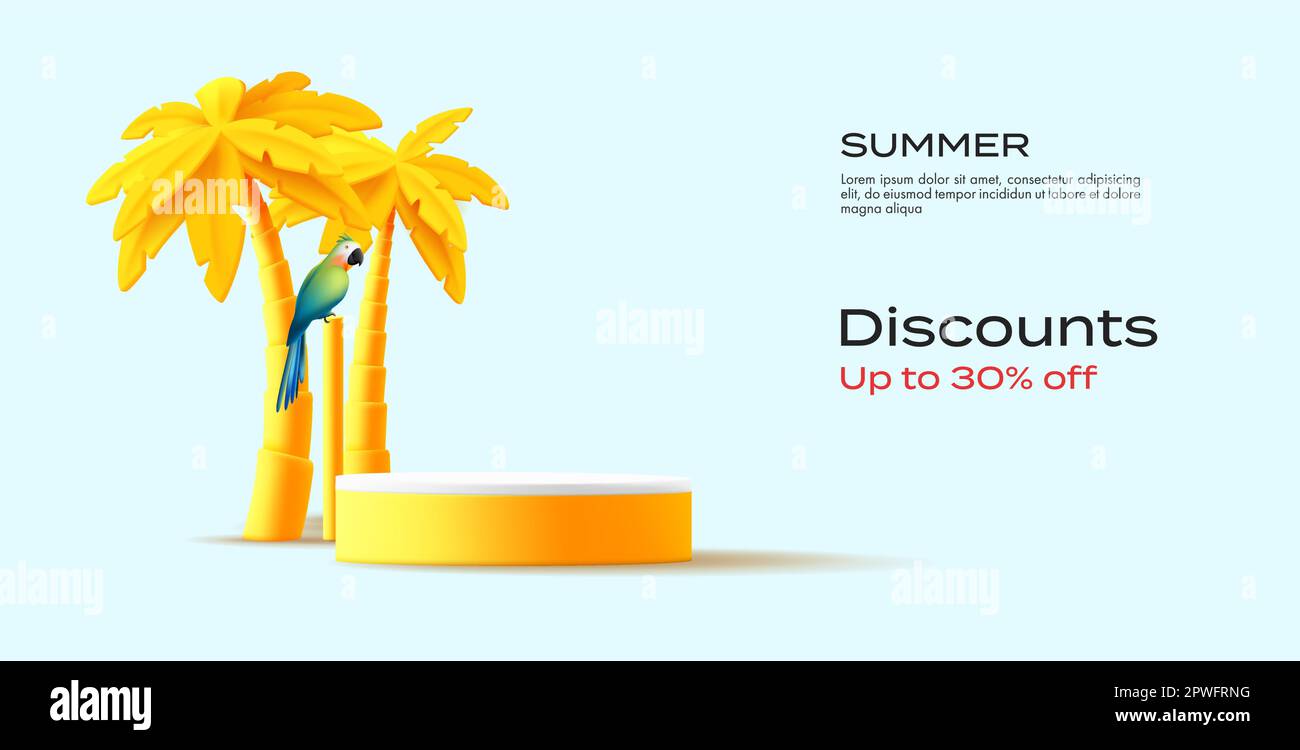 3D stage podium mockup with palm trees and parrot, yellow render