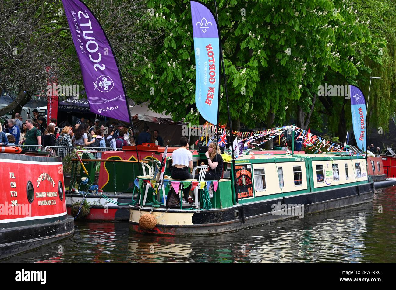 Warwick Avenue, London, UK. 30th Apr, 2023. Narrowboats, barges and canal boats participate in the 40th anniversary of the IWA Canalway Cavalcade this year, celebrating nautical life on the waterways in Little Venice, London, United Kingdom. Credit: See Li/Picture Capital/Alamy Live News Stock Photo