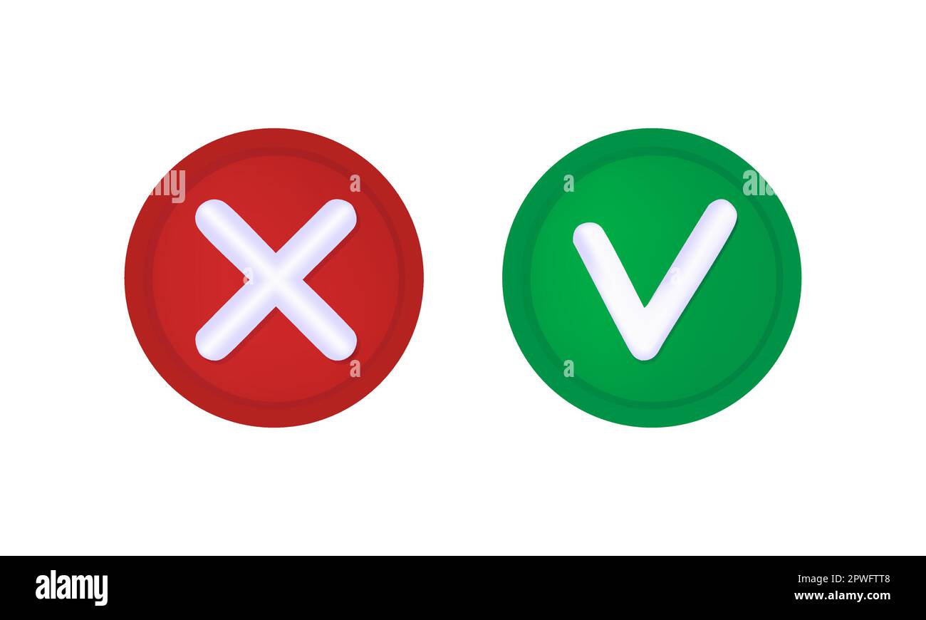 3D Check mark and cross buttons on white background. Vector illustration Stock Vector