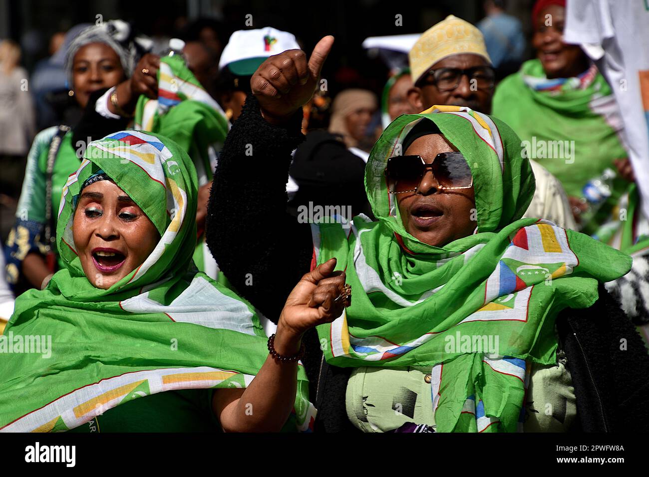 Marseille, France. 29th Apr, 2023. Protesters chant slogans during the demonstration. Several people mostly the Comorian population, demonstrated in Marseille against the immigration law by the French government of Emmanuel Macron and supported by the Minister of Interior Gérald Darmanin, and against the 'Wuambushu' security operation in Mayotte. Credit: SOPA Images Limited/Alamy Live News Stock Photo