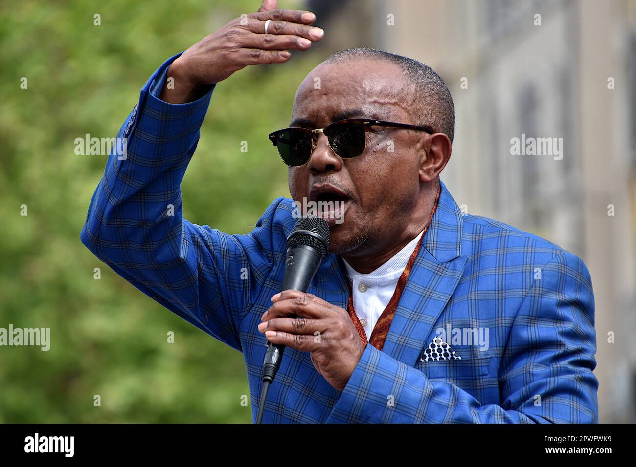 Marseille, France. 29th Apr, 2023. Saïd Mhamadi of the civil organization of the Comorian population l'Appel de Marseille speaks during the demonstration. Several people mostly the Comorian population, demonstrated in Marseille against the immigration law by the French government of Emmanuel Macron and supported by the Minister of Interior Gérald Darmanin, and against the 'Wuambushu' security operation in Mayotte. (Photo by Gerard Bottino/SOPA Images/Sipa USA) Credit: Sipa USA/Alamy Live News Stock Photo