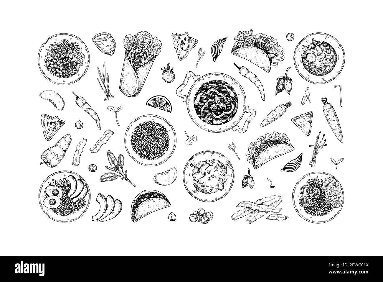 Set of healthy Mexican food, vegetables and greens. Hand drawn vector illustration in sketch style Stock Vector