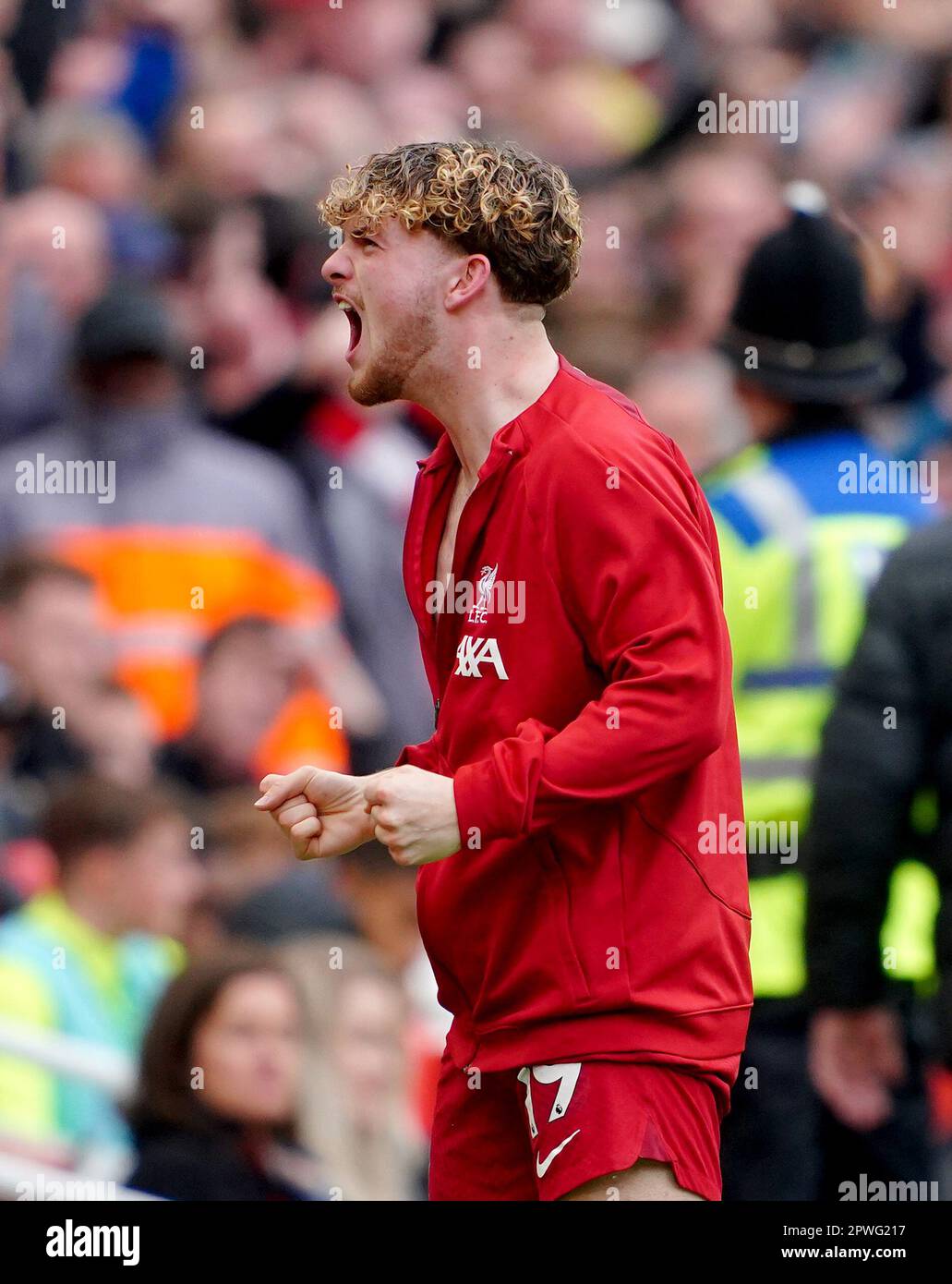 Liverpool's Harvey Elliott reacts during the Premier League match at