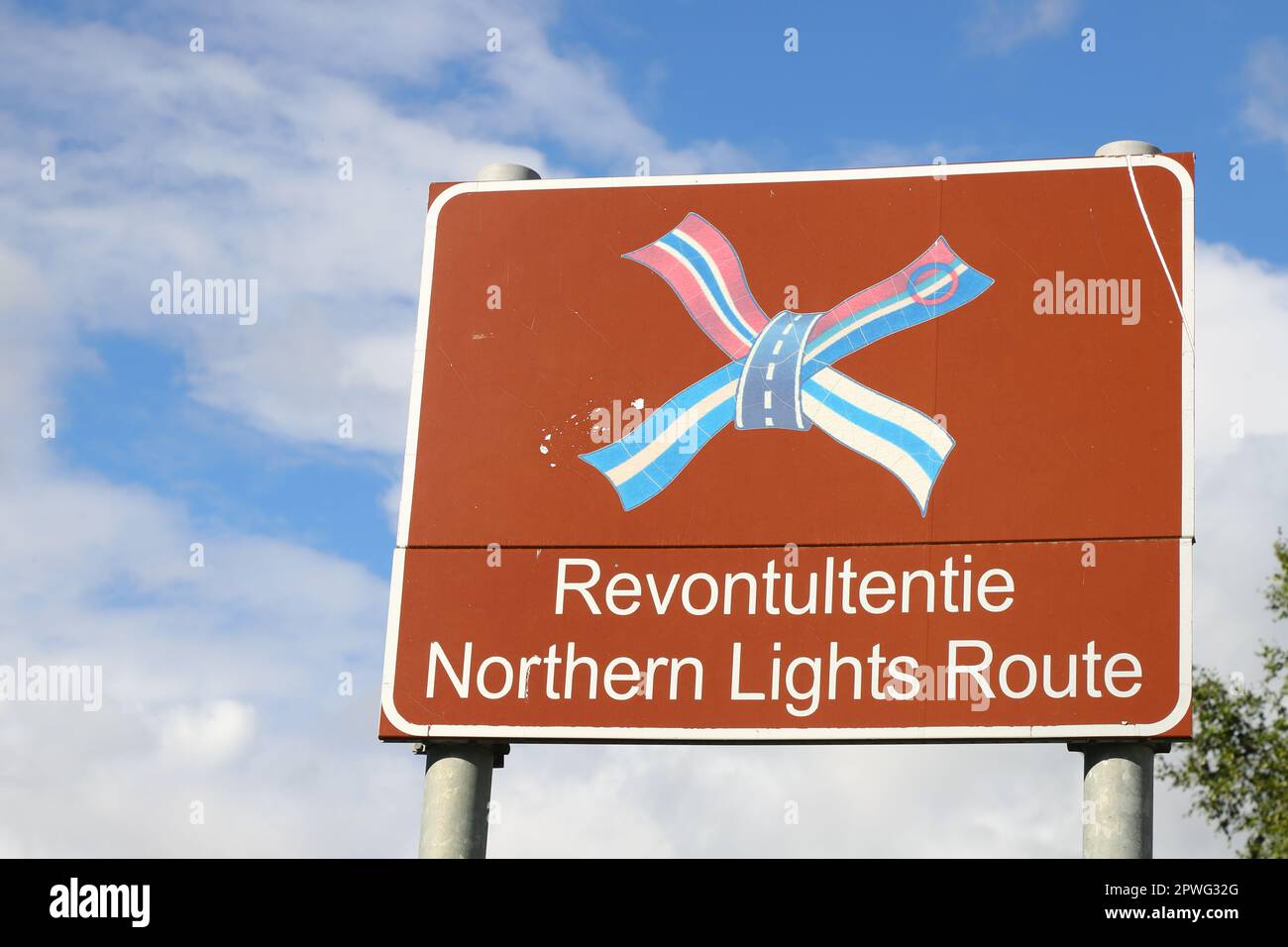 Tornio, Finland - August 29, 2022: Finnish road sign for the Northern lights route. Stock Photo