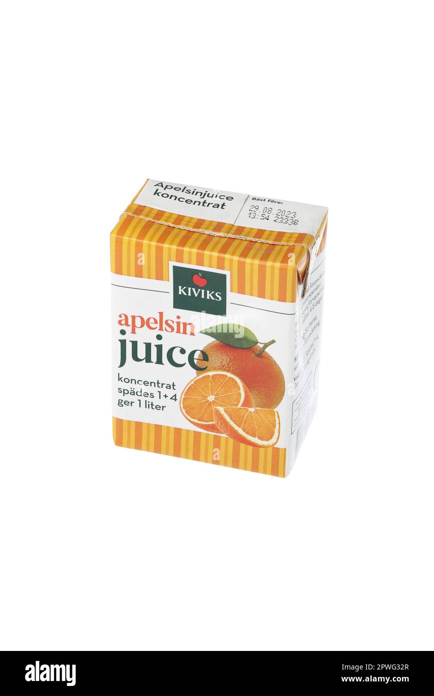 Stockholm, Sweden - April 30, 2023: Kiviks orange juice concentrate in a 2 dl package for the Swedish market isolated on white background. Stock Photo