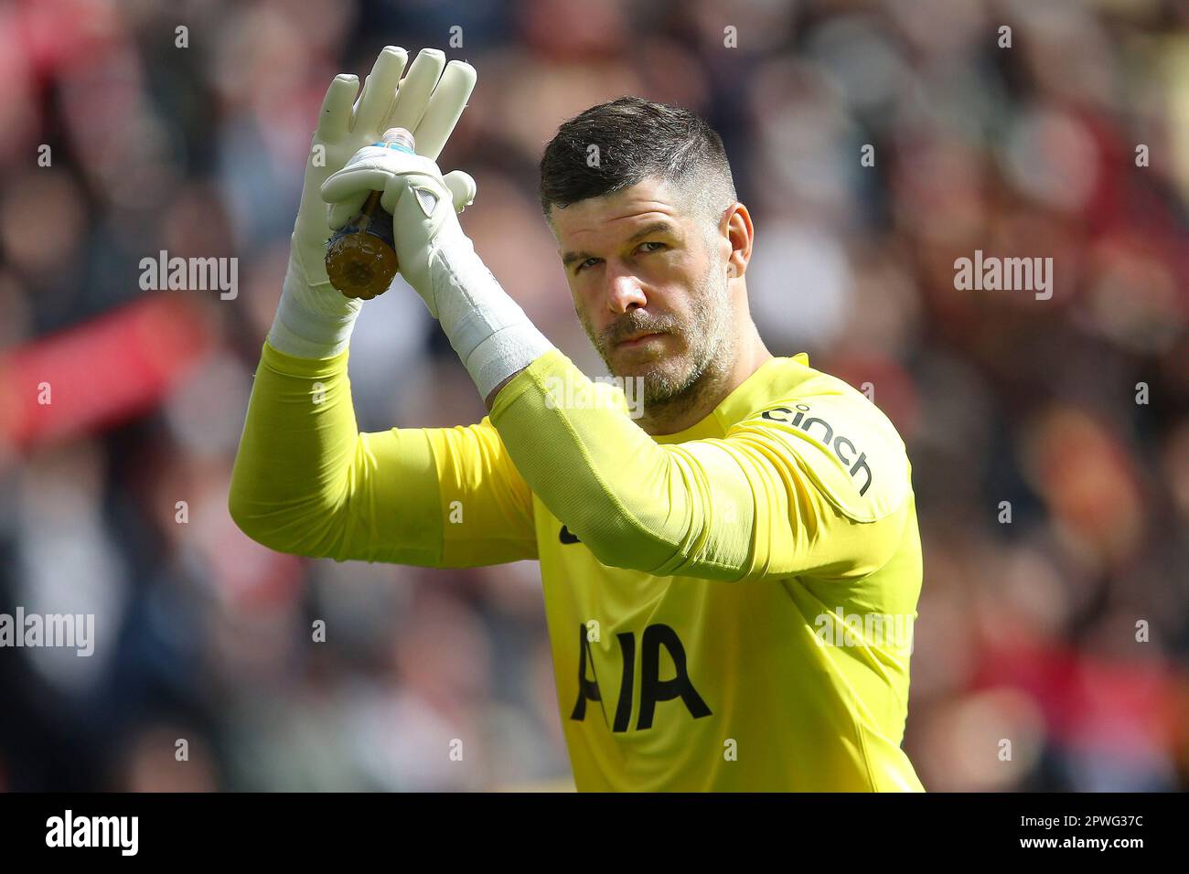 Liverpool, UK. 30th Apr, 2023. Fraser Forster, the Tottenham Hotspur goalkeeper looks on. Premier League match, Liverpool v Tottenham Hotspur at Anfield in Liverpool on Sunday 30th April 2023. this image may only be used for Editorial purposes. Editorial use only, license required for commercial use. No use in betting, games or a single club/league/player publications. pic by Chris Stading/Andrew Orchard sports photography/Alamy Live news Credit: Andrew Orchard sports photography/Alamy Live News Stock Photo