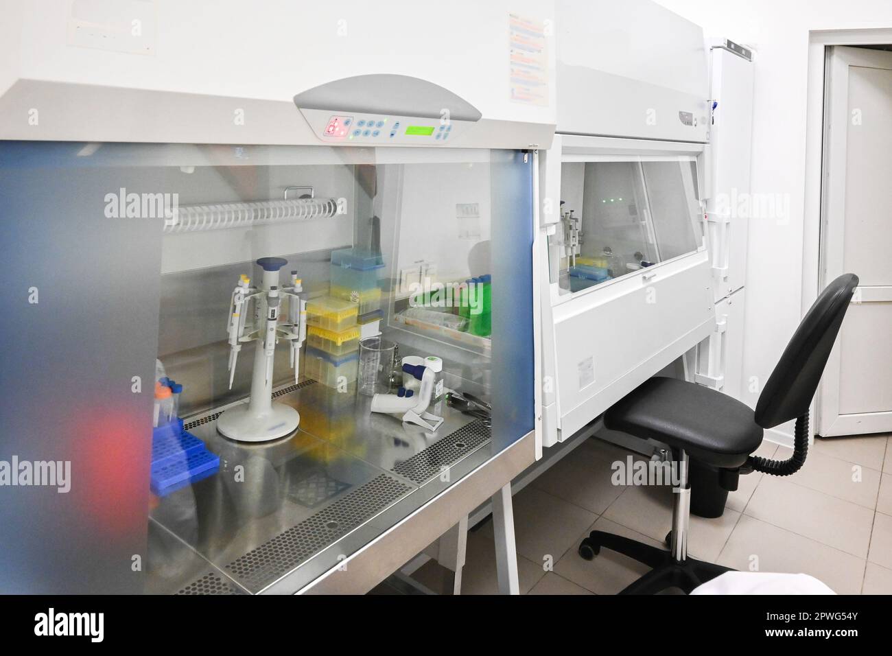 Work in a laminar box. Laboratory equipment for the study of cell
