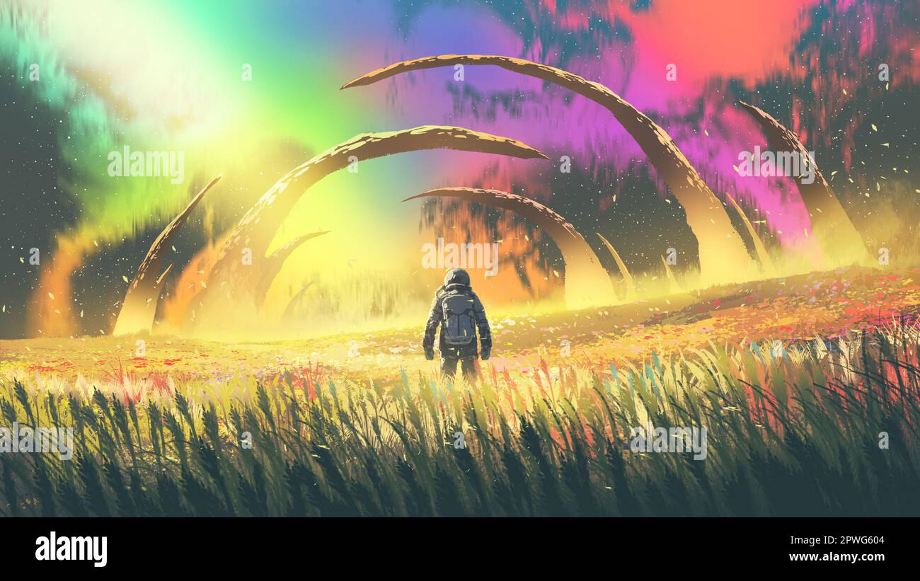astronaut in flower meadow under the colorful night sky, digital art style, illustration painting Stock Photo