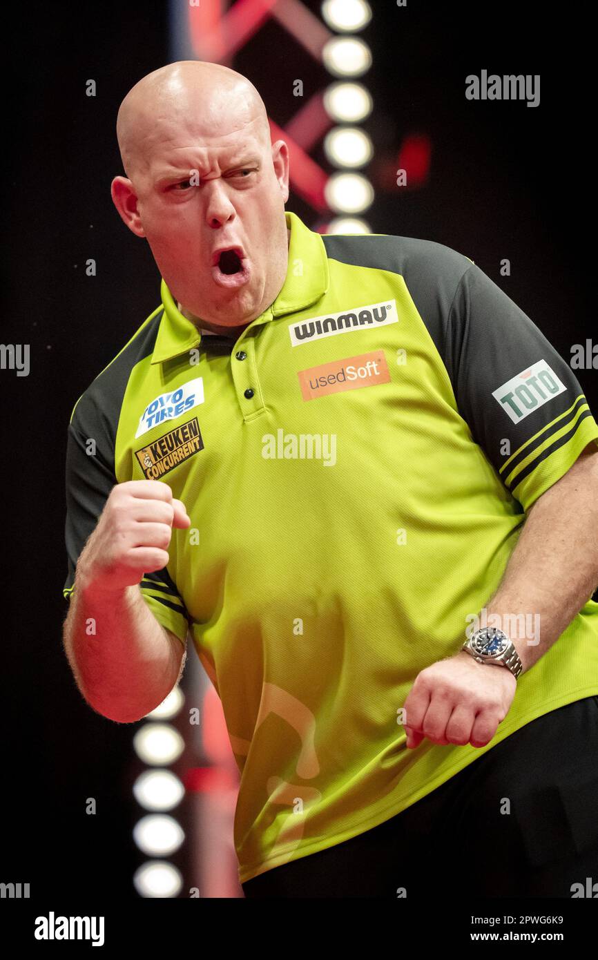 LEEUWARDEN - Michael van Gerwen during the semi-final of the Dutch Darts  Championship 2023 in the WTC Leeuwarden. This darts tournament is the sixth  European tour organized by the Professional Darts Corporation (