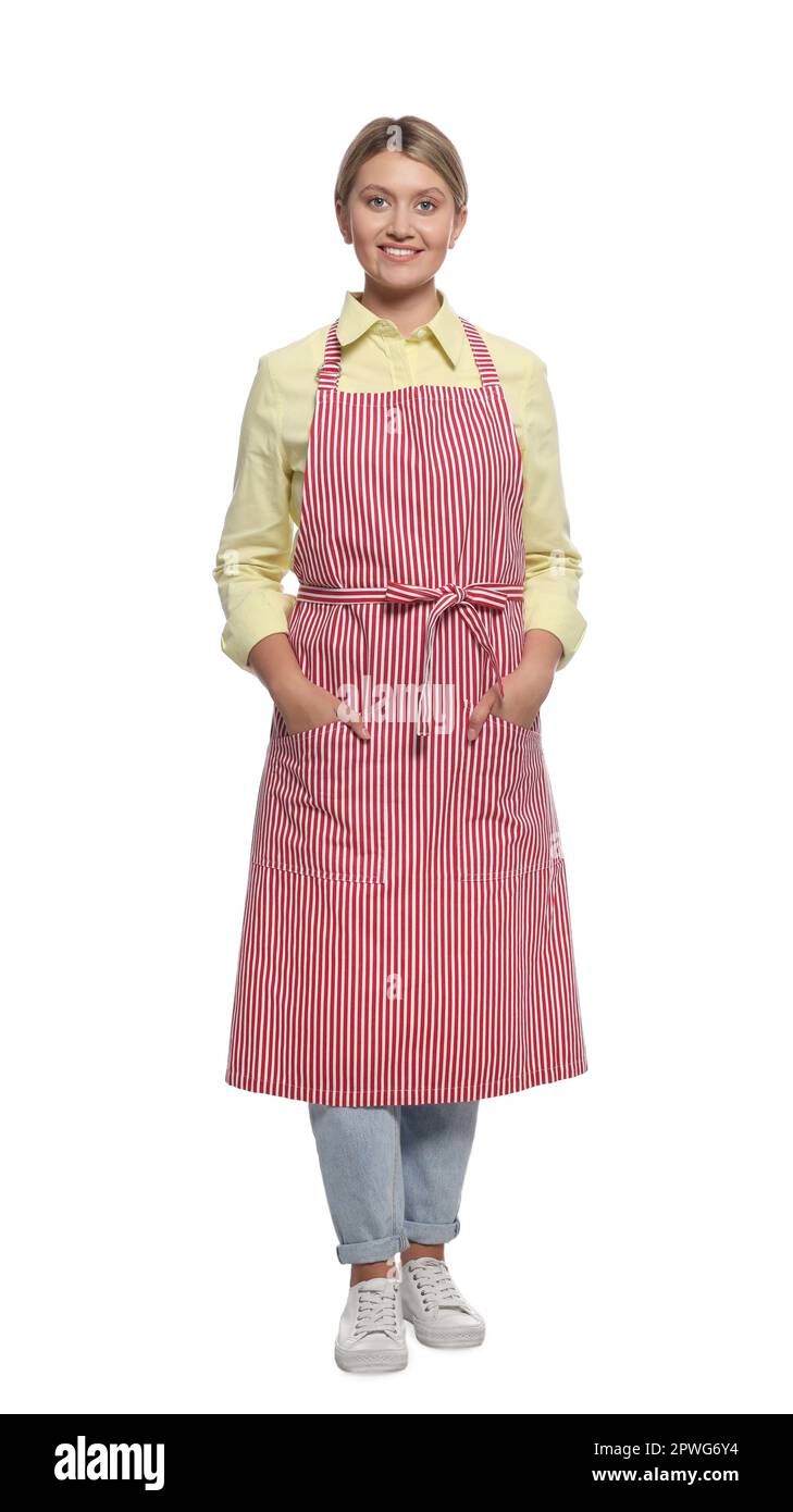 Beautiful young woman in clean striped apron on white background Stock ...