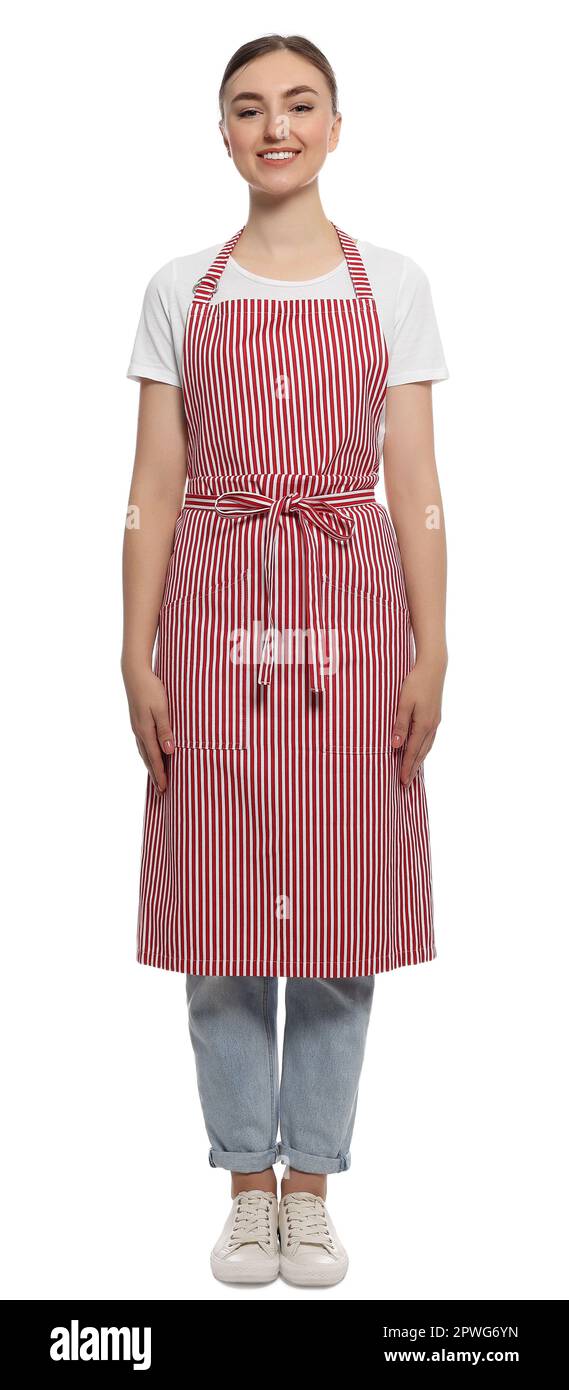Beautiful young woman in clean striped apron on white background Stock ...