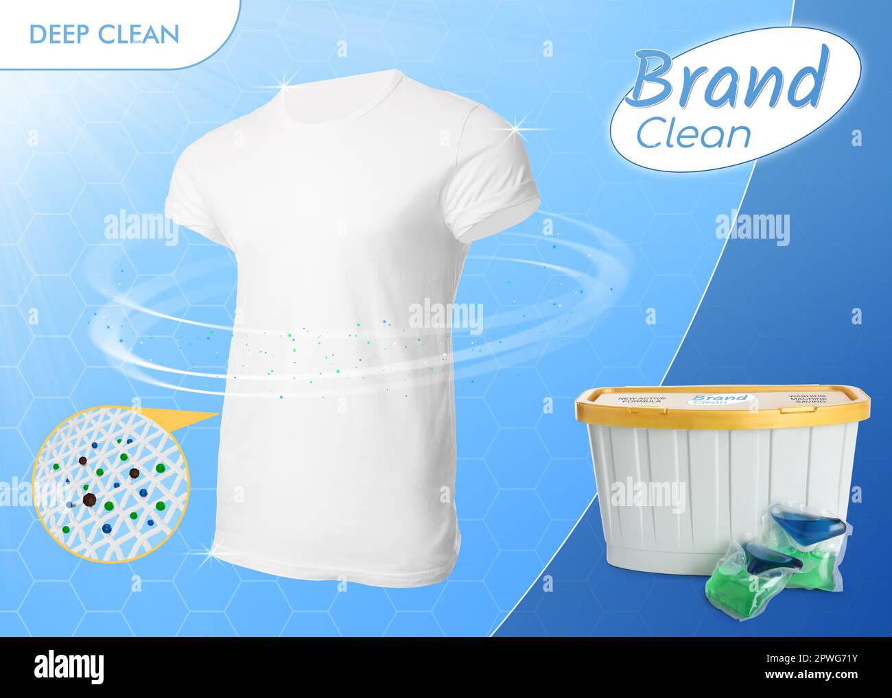 Laundry capsules advertisement design. Clean white tshirt and washing