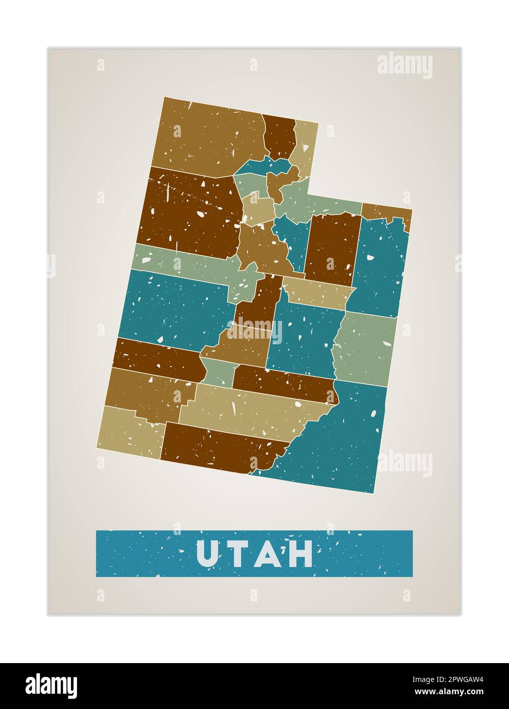 Utah map. Us state poster with regions. Old grunge texture. Shape of