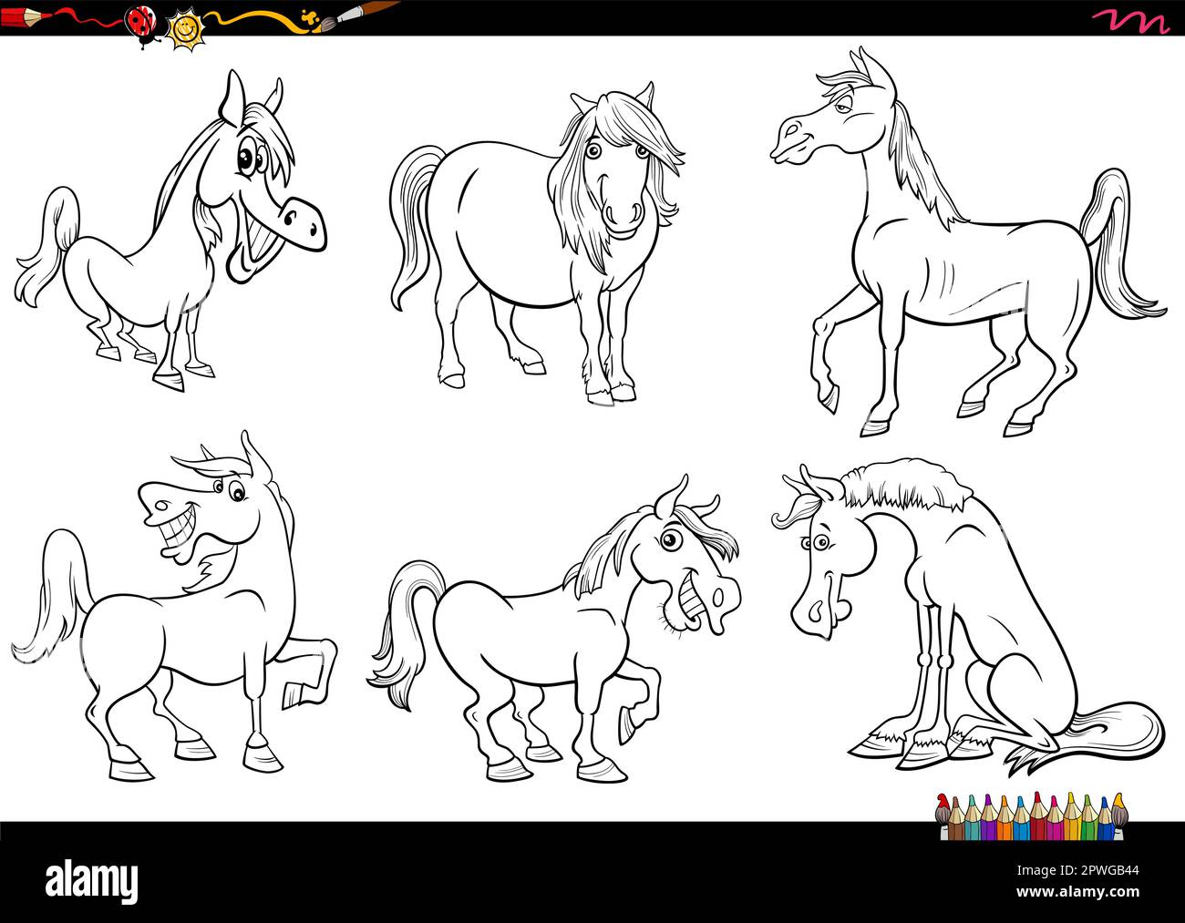Black and white cartoon illustration of horses farm animal comic
